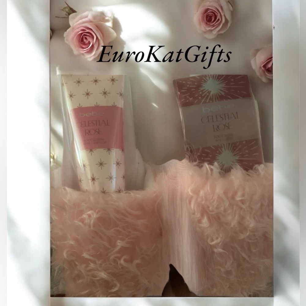 BEBE Pink Fluffy Slide Slippers Celestial Rose Foot Soak & Lotion Set Beauty NEW